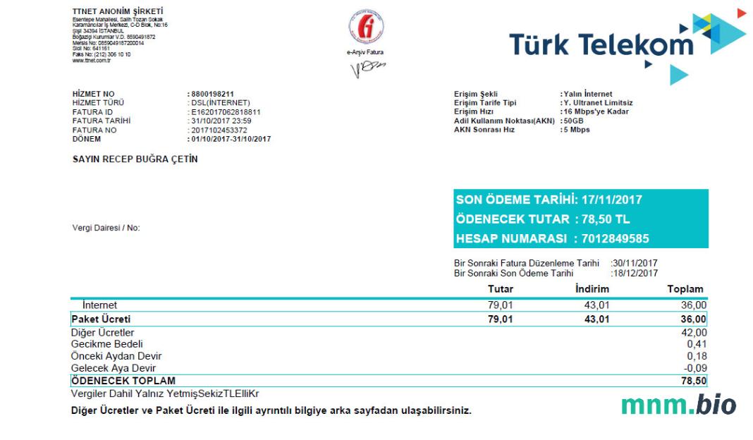 Turcja Turktelekom rachunek za media szablon w formacie Word i PDF, w pełni edytowalne